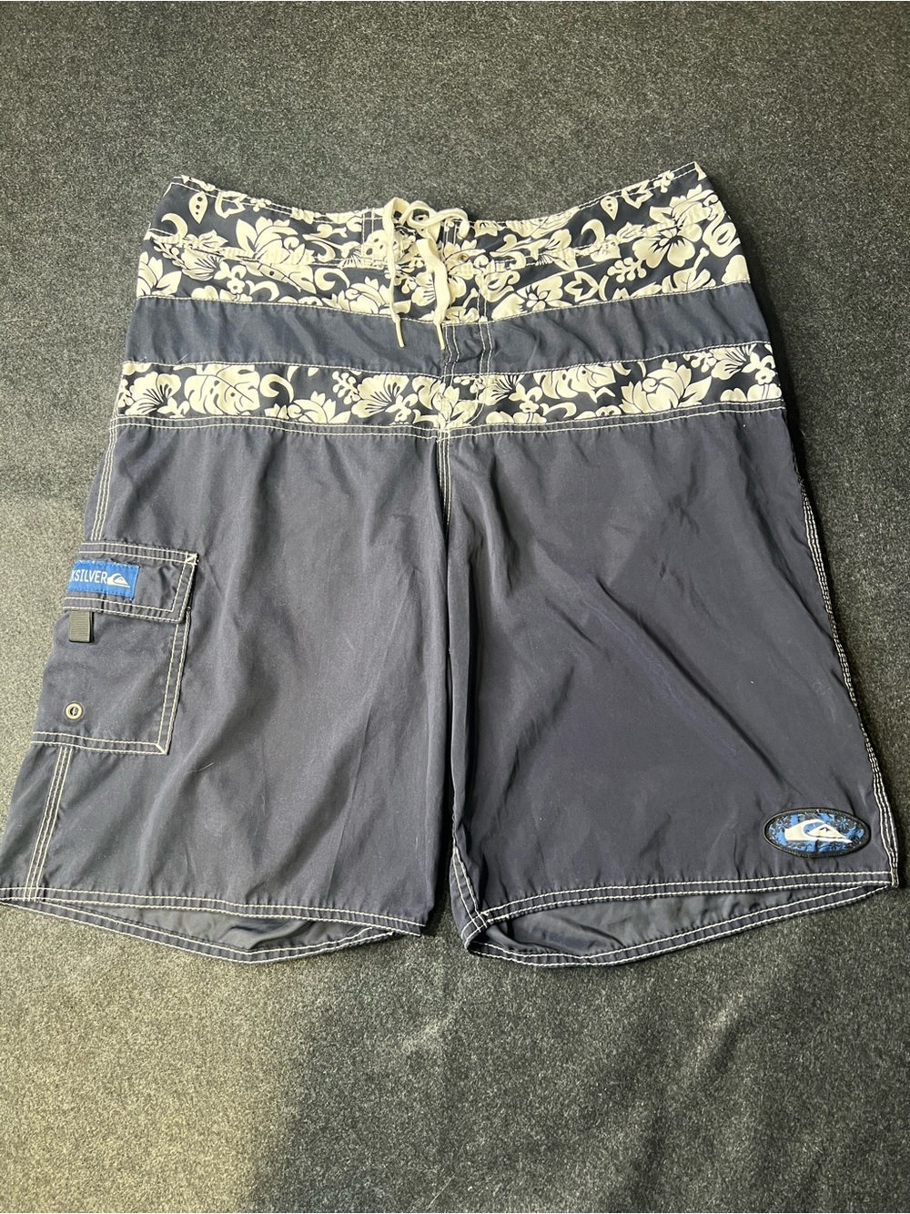 Y2K Quicksilver Blue Board Swim Trunks Beach Shorts Mens Size 34 Hawaiian Style